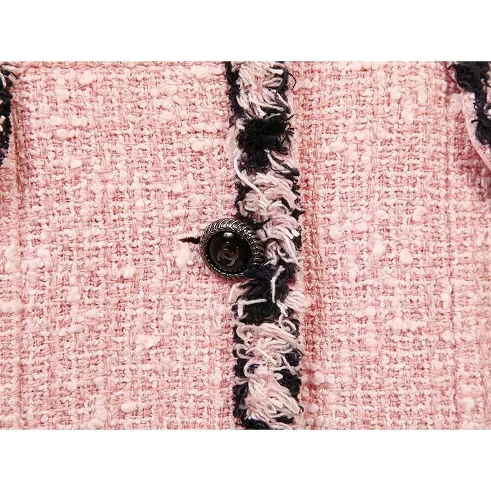 2007 CHANEL FR-34 Vintage 07P TWEED Pink Black Jacket Trim CC logo Buttons US-2 - Picture 9 of 15